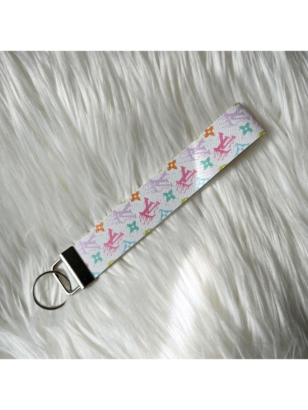 Dripping Pastel Floral Faux Leather Fashion Key Fob Keychains Wristlet